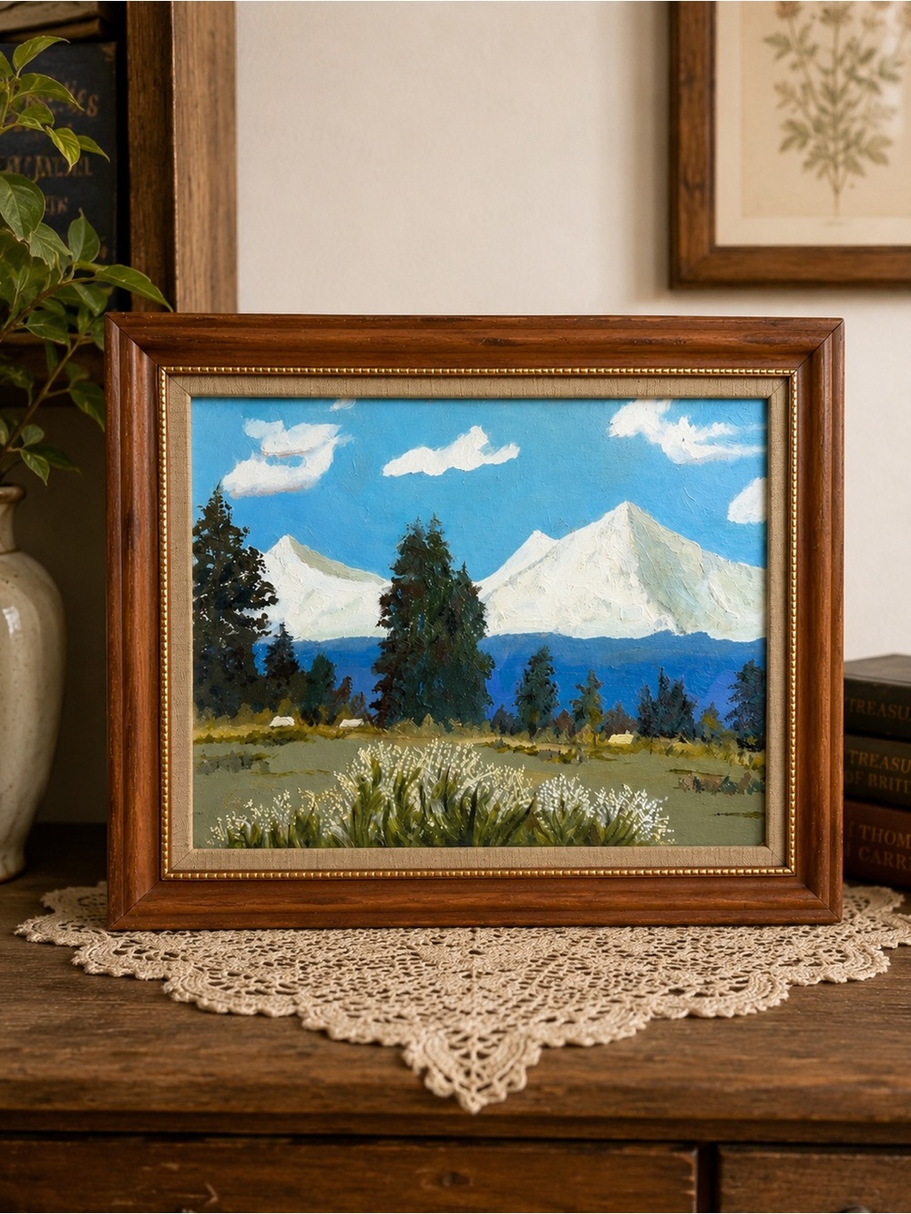 Vintage Original Mountain Landscape Oil Painting Framed 16x12 Snow Peaks Canvas